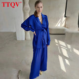 Casual Simple Loose Two Piece Sets Womens Outifits Autumn Long Sleeve Lace-up Lapel Shirt And Wide Leg Pants Set