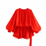 Bubble Sleeve Lotus Side Wrinkle Skirt 2025 Spring And Summer Lace With Round Tie Waist Mini