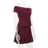 Solid Off-Shoulder Buttoned Top And Pleated Mini Skirt Set-Outfit