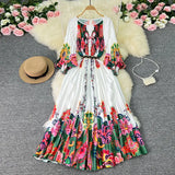 Zingj New Women's Dress Oversized Skirt Print Pleated Waist Lace Holiday