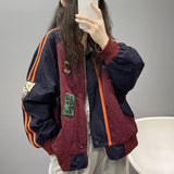 retro handsome green stitching women jacket Y2K oversized long-sleeved bomber jacket loose jacket for women winter