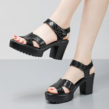Leather High Heel Waterproof Sandals Women Fashion Crocodile Pattern Walking Shoes Summer Coarse Heel Magic Sticky H Women's