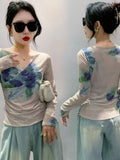 Autumn New Crossed V-neck Full Sleeve T-shirt Women's Fashion Printed Floral Mesh Tees Female Slim Top