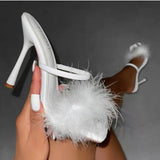 Zingj Large Size Slippers Female Summer New Feather Velvet One Word Square Head Fashion High With Cool
