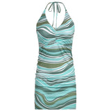 V Neck Sexy Bodycon Halter Tank Dress Woman Printed Lace Up Sleeveless Backless Mini Dresses Ladies Fashion