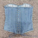 Zingj Spring / Summer 2023 Women's Wave Collar Fishbone Slim Strap Solid Color Denim Strapless