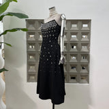High-End Noble Chic Hand Nail Drill Heavy Industry Waist-Mear Dress Chaebol Chaebol Gold Cold Light Wind Long