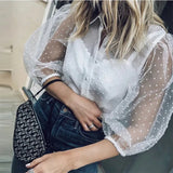 Women Fashion Long Sleeve Polka Dot Shirts Sexy Perspective Mesh Blouses Female Casual Cropped Gothic Shirts