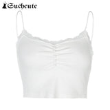 SUCHCUTE Goth Aesthetic Lace Patchwork Tank Tops For Women Sexy V-Neck Brown Retro Crop Tops Summer 90s Fashion Casual