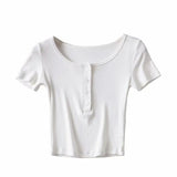Zingj New Solid Color Four-Button Elastic Basic T-Shirt Summer Women's Short Navel-Missing Short-Sleeved