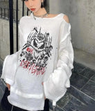 Gothic Skull Print Loose T Shirt Women Off Shoulder Long Sleeve Japanese Harajuku Thin T-shirt Korean Fashion Y2k