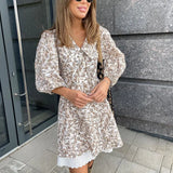 Zingj Women's Summer New Plant Print Doll Collar Waist Short Sleeve Skirt French Dress-Outfit