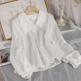 Sweet Peter Pan Collar Lace Hollow Casual Sweet Blouse Shirts Women Long Sleeve White Chemise Chic