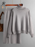 Zingj Women Gentle Knitted Suits Turtleneck Long Sleeve Loose Pullover+Elastic Waist Bodycon Skirt Winter Fashion Solid Sets 211-1-Outfit