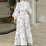 Pattern Printed Wide Leg Pants Office Overall Fashion High Waist Romper Chic New Women Long Sleeve High Collar