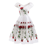 Rose Flower Embroidery Women Party Dress V Neck Elegant Pleated Mesh Floral Printed White Midi Tunic Vintage Formal