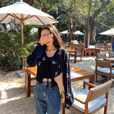 Women Korean Fashion Tops Flower Print Knitted Cardigan Suit Sweet Embroidery Vintage Sweater Beach Long Sleeve