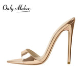 Onlymaker Women's Peep Toe Mules Gold Slip On Thin High Sandals Big Size Classic Fashion Lady Sandals