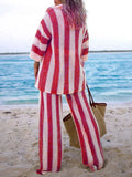 Hollow Stripe Shirts 2 Piece Sets Sexy V Neck Half Sleeves Wide Leg Pants Suits 2024 Summer Ladies Beach Vacation