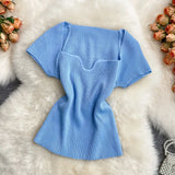 Zingj Spice Sister Wind Short T Shirt Short Sleeve Design Sense Small Square Collar Machine Dew Collarbone Crop Sweater Jacket
