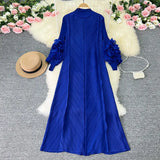 Zingj Sense Of Socialite Temperament Three House Pleated Lantern Long Sleeve Collar Loose A Line Solid Color Dress Elegant