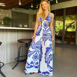 White Sexy Women Bodysuit Backless Round Neck Sleeveless Naked Waist Loose Mop Pants Jumpsuit Fashion Summer