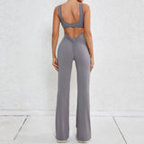 Hollow Backless Scrunch Gym Flare Jumpsuit Sport Casual Women One Piece Outfits Yoga Dance Jump Suit Black Fitness