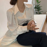 Bubble Sleeve Loose Satin Button Lapel Shirt Elegant Women Shirt Tops White New Chic Women Blouse Blusas Mujer