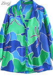 2023 Print Satin Shirt Woman Blue Button Up Shirt Women Vintage Long Sleeve Shirts And Blouses Women Casual Loose