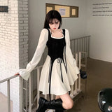 Cool Girl Dresses Women 2022 Patchwork Street Wear Dresses Square Collar Long Sleeve Lace Up Fake Two Piece Set