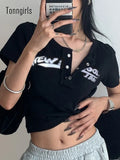 Retro Graffiti Print Elastic T Shirt Women Sexy Slim Crop Top Black Short Sleeve O-neck Tops Grunge Tee Tops