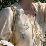 Women Korean Fashion Tops Flower Print Knitted Cardigan Suit Sweet Embroidery Vintage Sweater Beach Long Sleeve