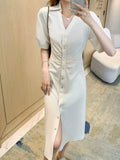 Summer Elegant Casual Midi Shirt Dress Short Sleeve Vintage Pleated Party Black Vestidos Female Fashion Korean