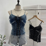 Real Shooting Do The Old Fur Side Of The Denim Splicing Pu Skin Lace Sling Vest Short Without Sleeve Top