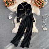 New Women Knitted Outfits Long Sleeved Casual Sweater Coat Tops + Wide-Leg Pants Fashion Tracksuit Two-Piece