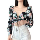 Fashion Women Floral Print Drawstring Blouses Shirt Women Short Sleeve French Vintage Bandage Lace Tops Female
