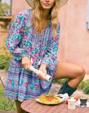 Queens Women Floral Print Tie Neck Elastic Waist Bohemian Mini Dress Ladies Long Sleeve Boho