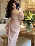 Autumn New Women Fashion Elegant Puff-Sleeve Midi Corset Dresses Evening Prom Female Party Lady Clothes