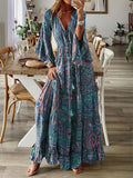 Zingj Bohemian Horn Sleeve Print V-Neck High-Waist Holiday Dress Floral Dress-Outfit
