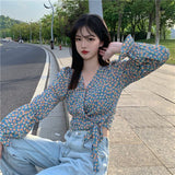 Women Ins Floral Summer Trendy Sexy Femme Crop Top Lace-up All-match Daily Soft Womens Shirts Puff-sleeve Vintage