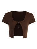 Women Chain Solid Cropped Top Hollow Out Sexy Knitted Casual Short Sleeve Square Collar Skinny Streetwear T-shirt