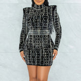 Long sleeve black Rhinestone winter dress women vintage night club woman mini bodycon party dress evening dresses