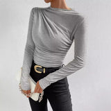 Solid Color Trim Bottom Shirt Folding Design Long-Sleeved T-Shirt Lady