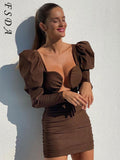 V Neck Long Puff Sleeve Mini Party Dress Women Black Elegant 2021 Autumn Winter Club Bodycon Dresses Green Brown