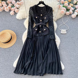 Zingj Small Fragrant Wind Dress Female Senior Sense Heavy Industry Nail Bead Metal Buckle Square Collar Lace Stitching Pleated Fairy