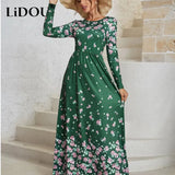 Winter Vintage Floral Print Loose Casual Dress Women Long Sleeve Beach Holiday Robe Ladies Elegant Fashion Waist