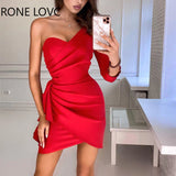 Women Solid Elegant One Shoulder Long Sleeves Small Silt Ruffle Hem Formal Party Red