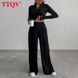 Casual Slim Black Womens Two Peice Sets Autumn Fashion Long Sleeve Corp Tops With High Waisted Wied Leg Pants Sets