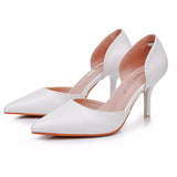 Cm White Fine-Heeled Pointed Sandals Hollow Two-Siped Sandals Large-Size Pointed Wedding Shoes Women's Banquet