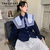 Preppy Style 2022 Sailor Collar Dark Blue Collared Shirt For Women Button Up Floral Patch Blouse Korean Fashion